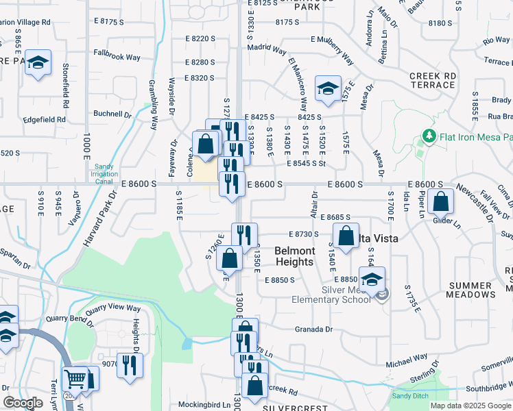 map of restaurants, bars, coffee shops, grocery stores, and more near 1345 Sudbury Avenue in Sandy