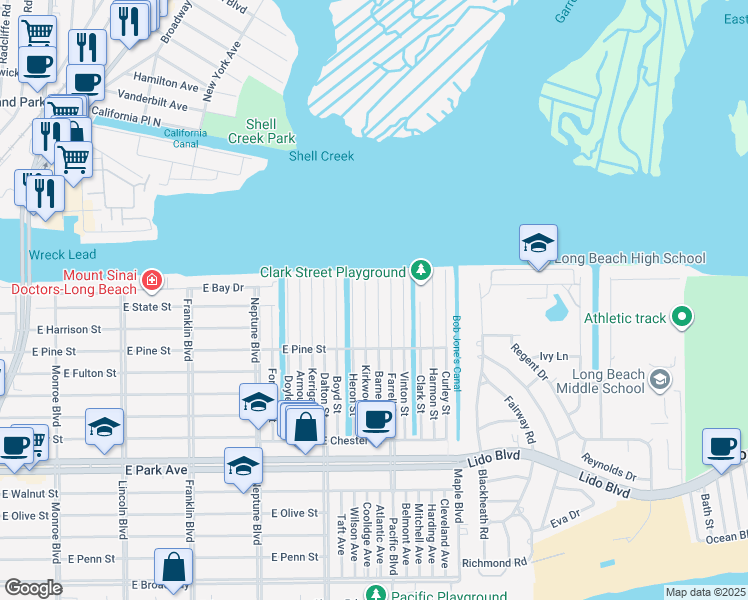 map of restaurants, bars, coffee shops, grocery stores, and more near 88 Heron Street in Long Beach