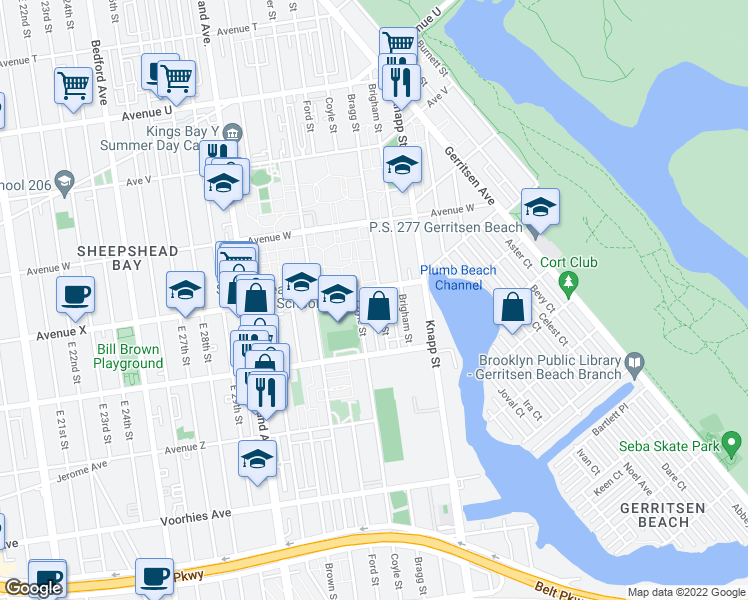 map of restaurants, bars, coffee shops, grocery stores, and more near 2412 Bragg Street in Brooklyn