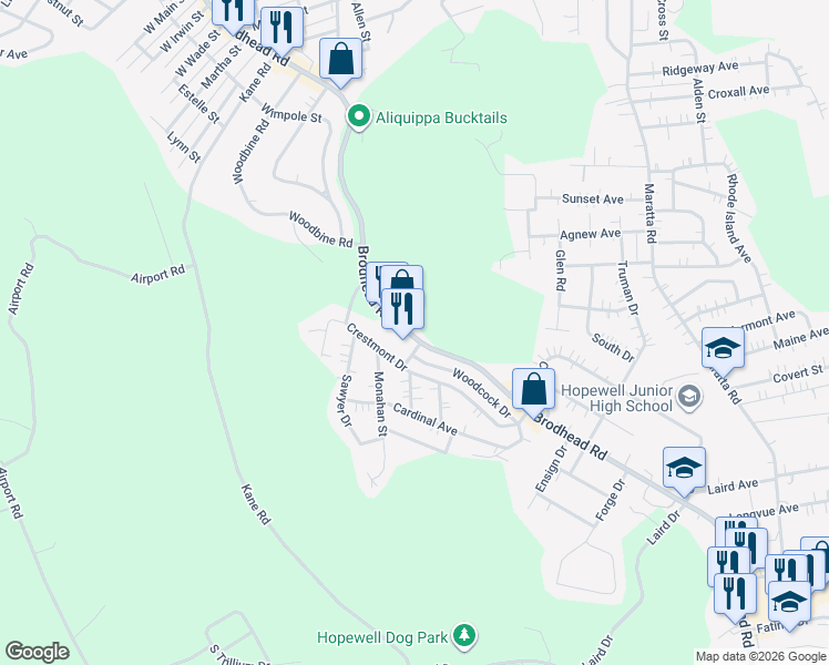map of restaurants, bars, coffee shops, grocery stores, and more near 2470 Brodhead Road in Aliquippa