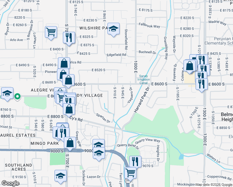 map of restaurants, bars, coffee shops, grocery stores, and more near 8657 South 910 East in Sandy