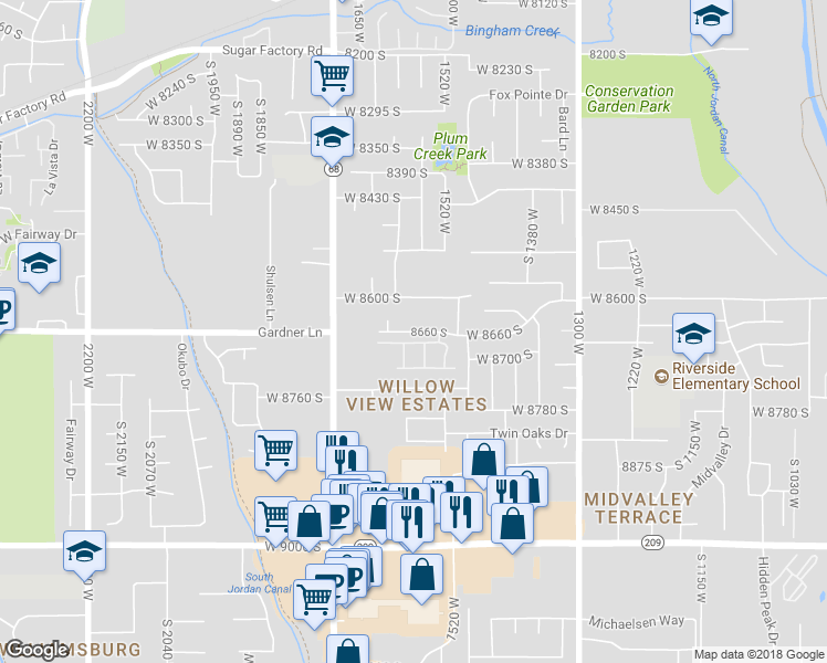 map of restaurants, bars, coffee shops, grocery stores, and more near 8660 South in West Jordan