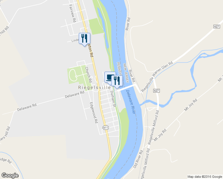 map of restaurants, bars, coffee shops, grocery stores, and more near 711 Durham Street in Riegelsville