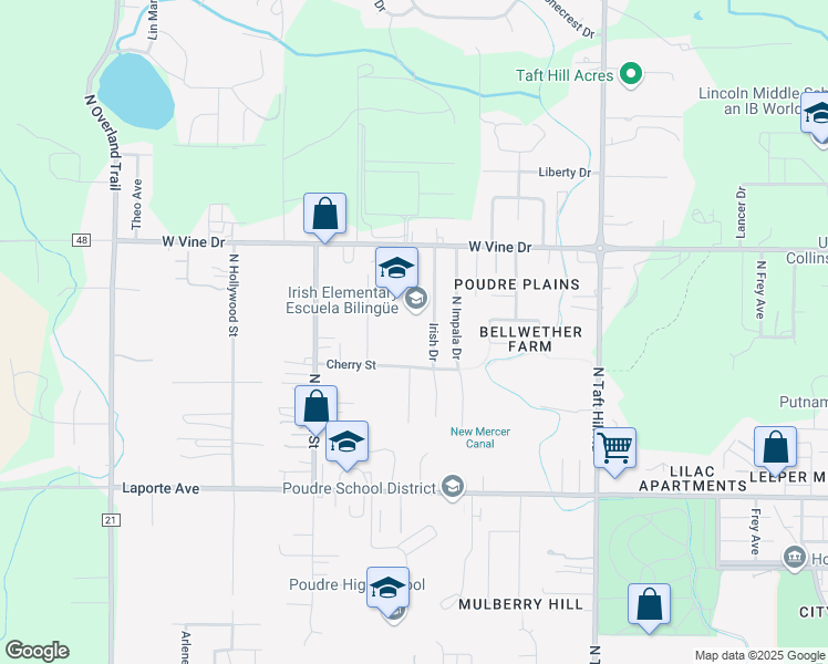 map of restaurants, bars, coffee shops, grocery stores, and more near 515 Irish Drive in Fort Collins