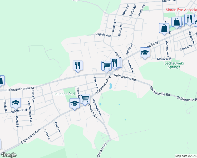 map of restaurants, bars, coffee shops, grocery stores, and more near 1822 East Susquehanna Street in Allentown