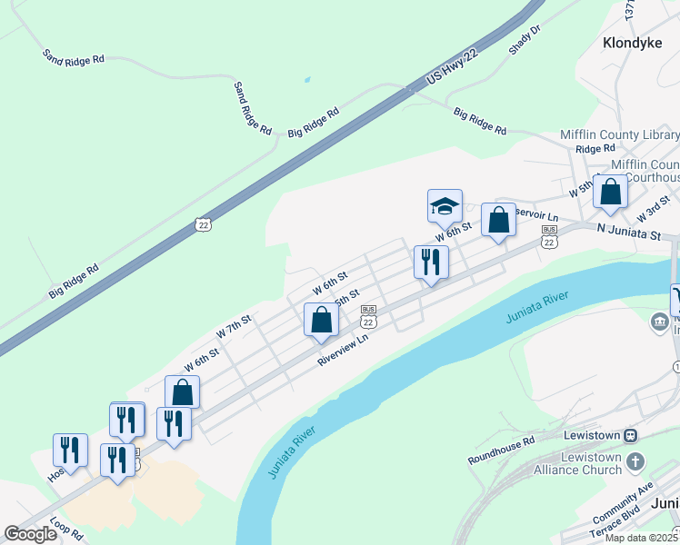map of restaurants, bars, coffee shops, grocery stores, and more near 725 West 6th Street in Lewistown