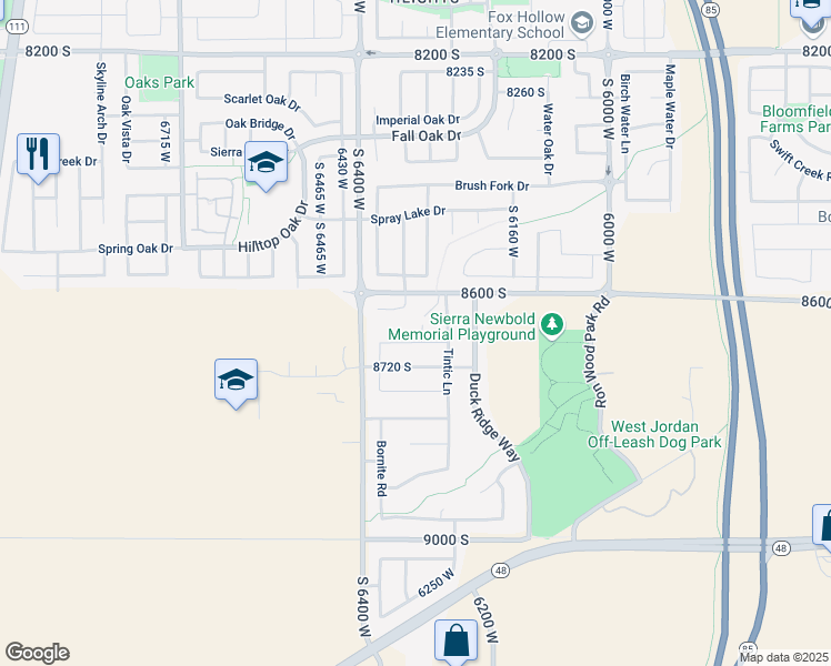 map of restaurants, bars, coffee shops, grocery stores, and more near 8647 6305 West in West Jordan