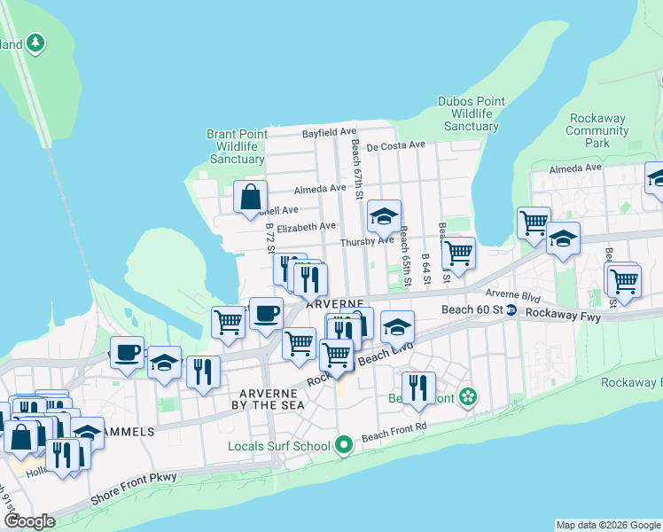 map of restaurants, bars, coffee shops, grocery stores, and more near 4-63 Beach 69th Street in Queens