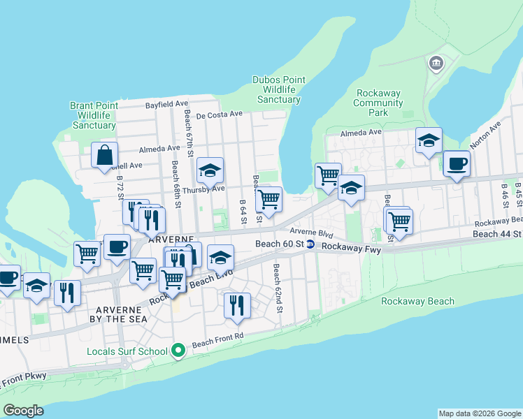 map of restaurants, bars, coffee shops, grocery stores, and more near 451 Beach 63rd Street in Queens
