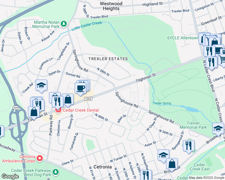 map of restaurants, bars, coffee shops, grocery stores, and more near Tilghman Street in Allentown