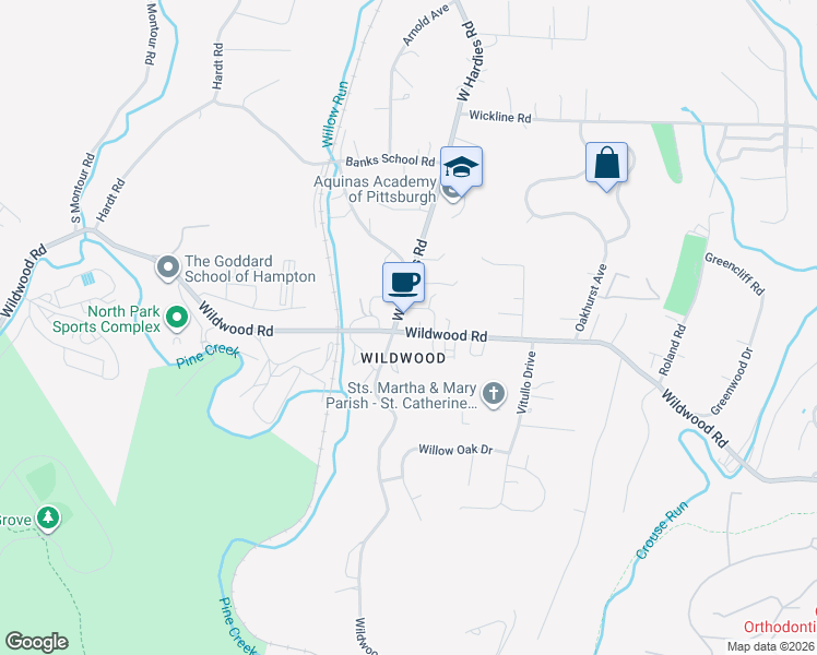 map of restaurants, bars, coffee shops, grocery stores, and more near 2473 Wildwood Road in Hampton Township
