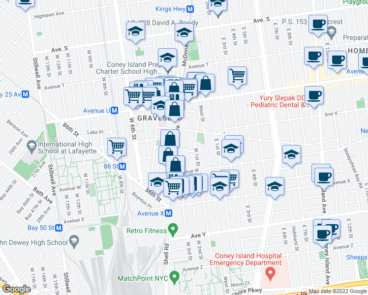 map of restaurants, bars, coffee shops, grocery stores, and more near 25 Village Court in Brooklyn