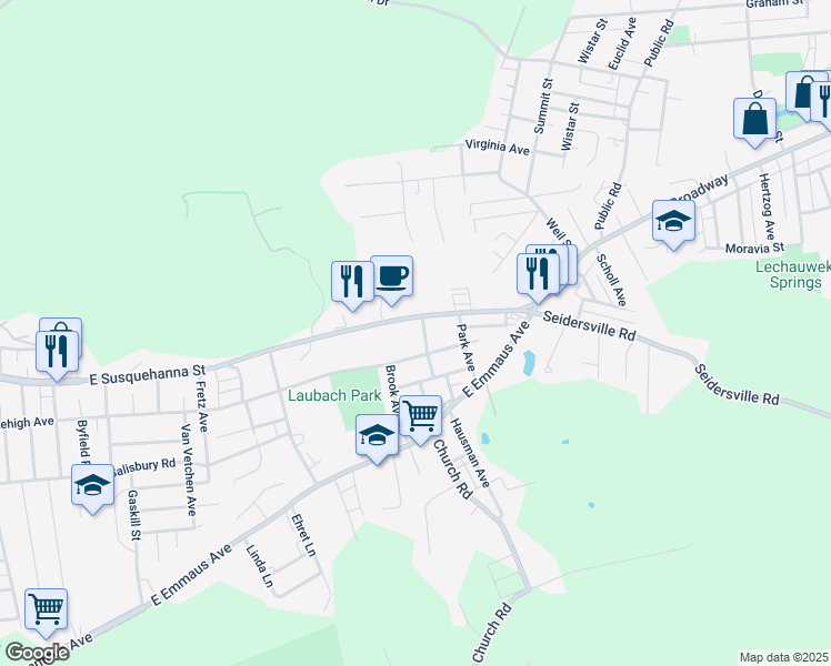 map of restaurants, bars, coffee shops, grocery stores, and more near 1670 Center Place in Allentown