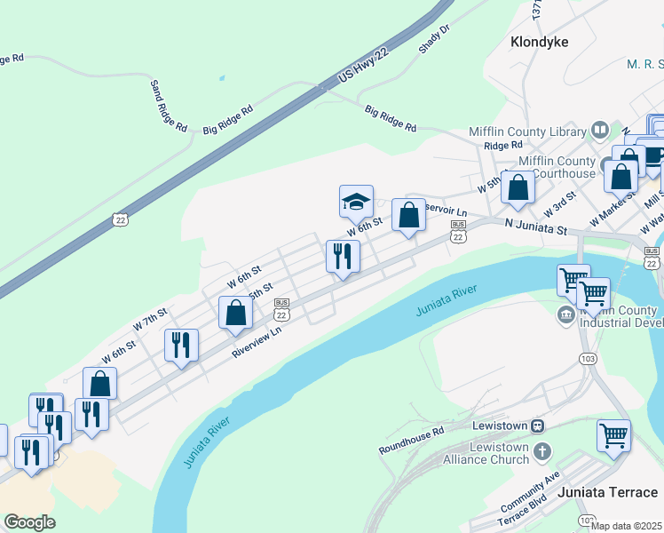 map of restaurants, bars, coffee shops, grocery stores, and more near 538 West 5th Street in Lewistown