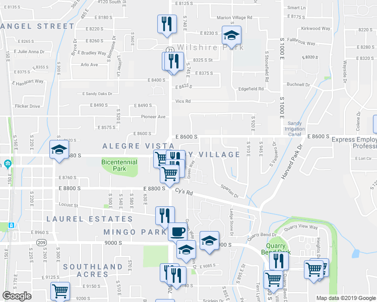 map of restaurants, bars, coffee shops, grocery stores, and more near 747 Village Way in Sandy