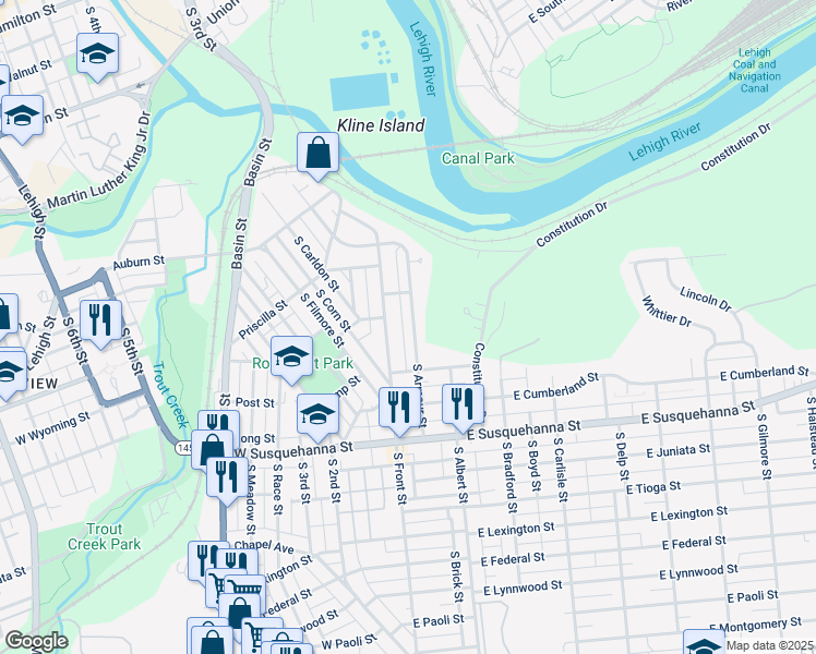 map of restaurants, bars, coffee shops, grocery stores, and more near 916 South Armour Street in Allentown