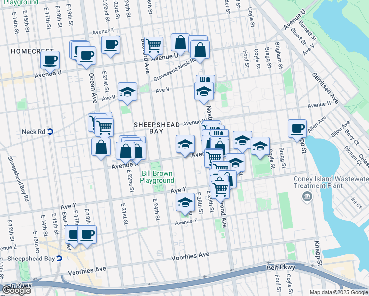 map of restaurants, bars, coffee shops, grocery stores, and more near 2363 East 27th Street in Brooklyn