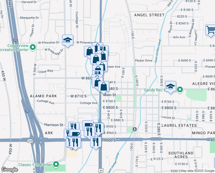 map of restaurants, bars, coffee shops, grocery stores, and more near 31 East 8680 South in Sandy