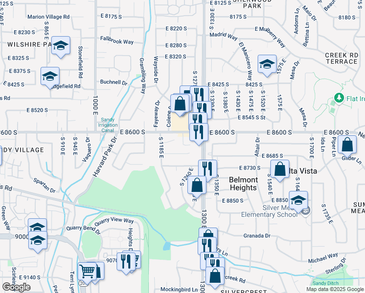 map of restaurants, bars, coffee shops, grocery stores, and more near 8638 South 1240 East in Sandy