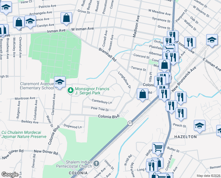 map of restaurants, bars, coffee shops, grocery stores, and more near 8 Woodland Drive in Woodbridge Township