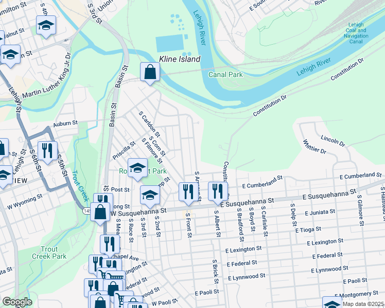 map of restaurants, bars, coffee shops, grocery stores, and more near 916 South Armour Street in Allentown