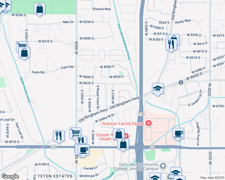 map of restaurants, bars, coffee shops, grocery stores, and more near 3757 West 8620 South in West Jordan