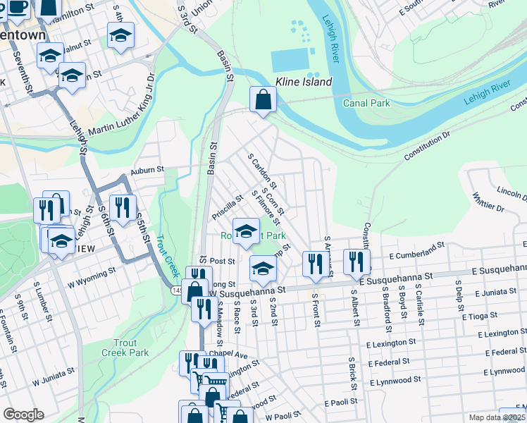 map of restaurants, bars, coffee shops, grocery stores, and more near 742 South Filmore Street in Allentown