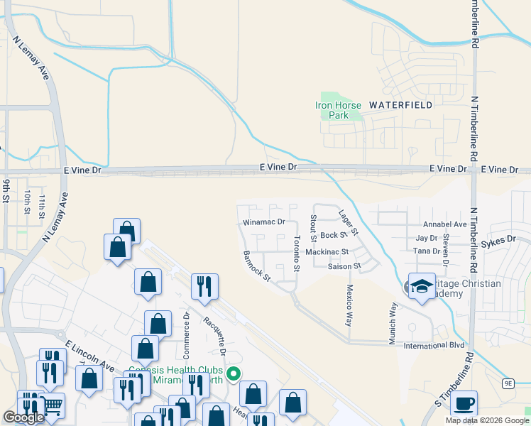 map of restaurants, bars, coffee shops, grocery stores, and more near 521 Walhalla Court in Fort Collins