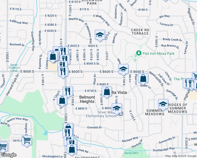 map of restaurants, bars, coffee shops, grocery stores, and more near 1543 East 8640 South in Sandy