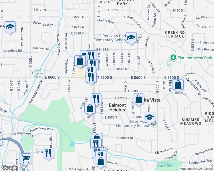 map of restaurants, bars, coffee shops, grocery stores, and more near 1411 Sudbury Avenue in Sandy