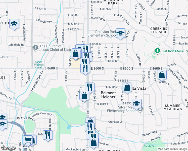 map of restaurants, bars, coffee shops, grocery stores, and more near 1345 Sudbury Avenue in Sandy
