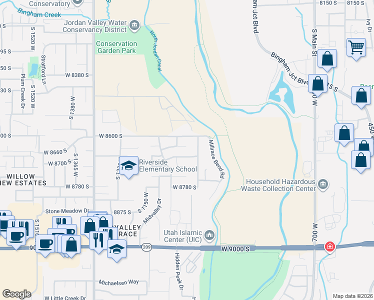 map of restaurants, bars, coffee shops, grocery stores, and more near 1040 Ranch Park Drive in West Jordan