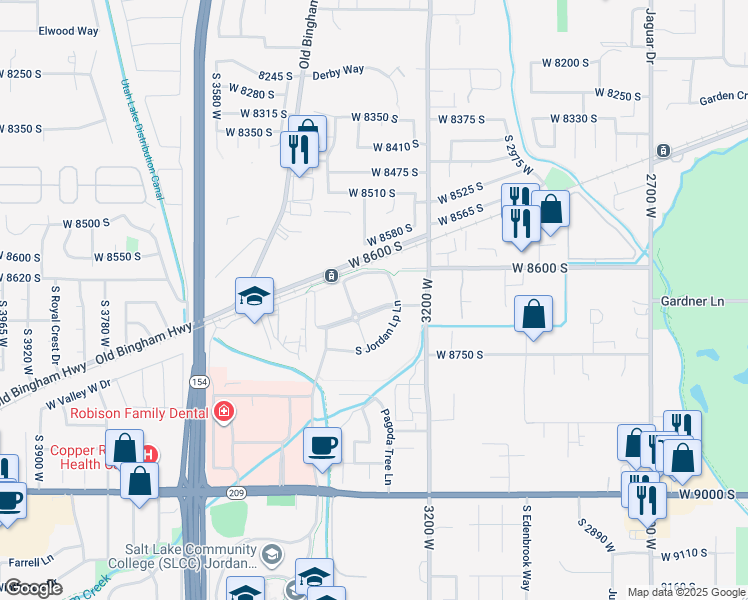 map of restaurants, bars, coffee shops, grocery stores, and more near 3258 Jordan Line Parkway in West Jordan