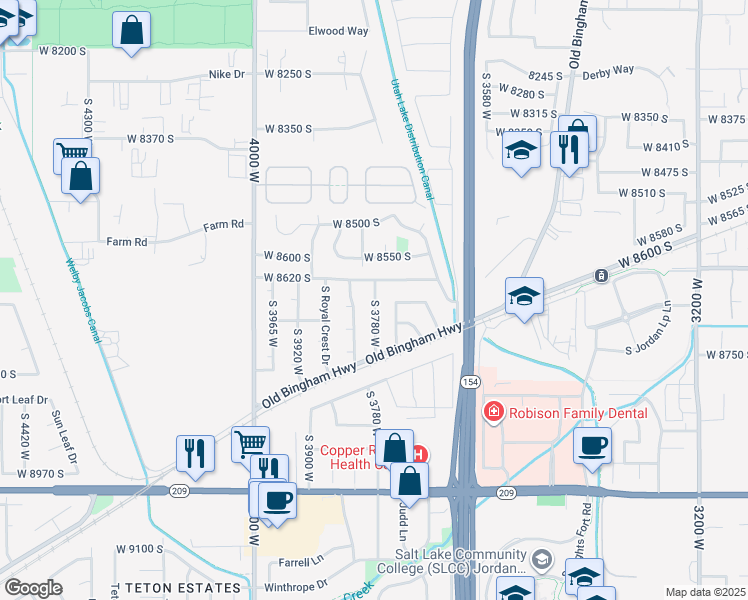 map of restaurants, bars, coffee shops, grocery stores, and more near 3757 West 8620 South in West Jordan