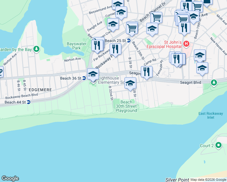 map of restaurants, bars, coffee shops, grocery stores, and more near 31-09 Seagirt Avenue in Queens