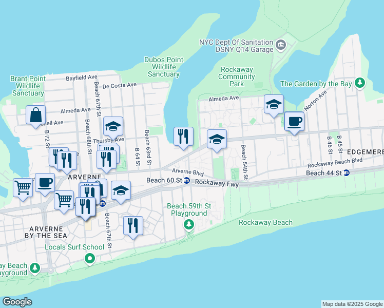 map of restaurants, bars, coffee shops, grocery stores, and more near 360 Beach 59th Street in Queens