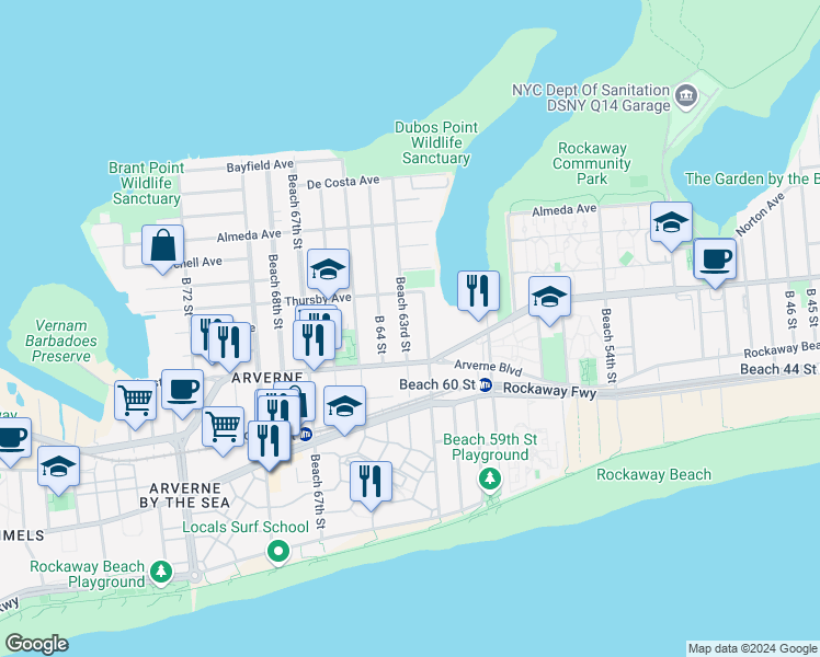 map of restaurants, bars, coffee shops, grocery stores, and more near 451 Beach 63rd Street in Queens