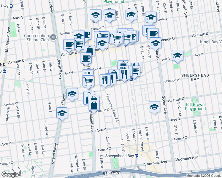 map of restaurants, bars, coffee shops, grocery stores, and more near 1223 Gravesend Neck Road in Brooklyn