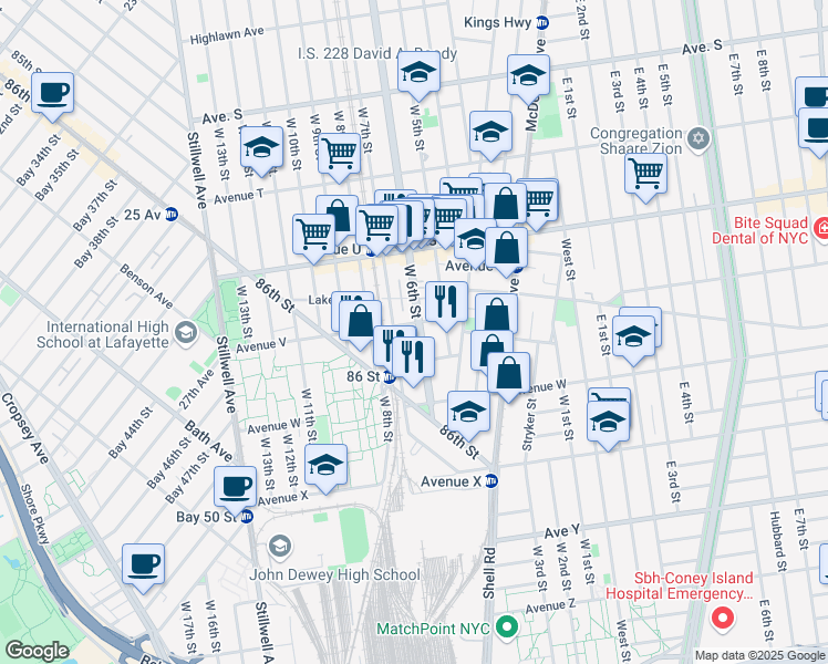 map of restaurants, bars, coffee shops, grocery stores, and more near 183 Avenue V in Brooklyn