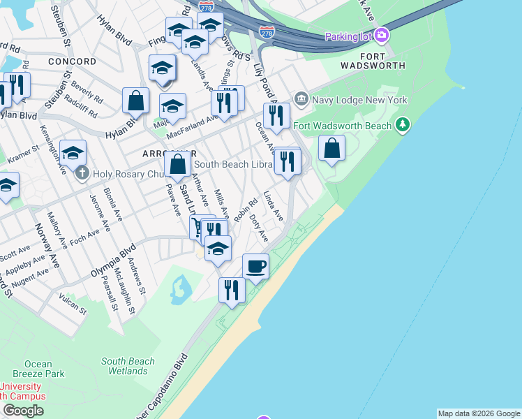 map of restaurants, bars, coffee shops, grocery stores, and more near 95 Robin Road in Staten Island