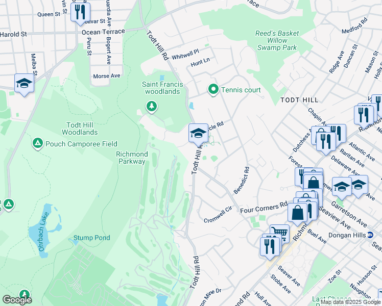 map of restaurants, bars, coffee shops, grocery stores, and more near 710 Todt Hill Road in Staten Island