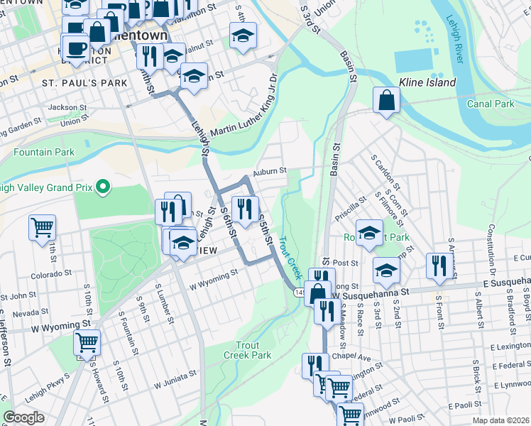 map of restaurants, bars, coffee shops, grocery stores, and more near 721 South Levan Street in Allentown