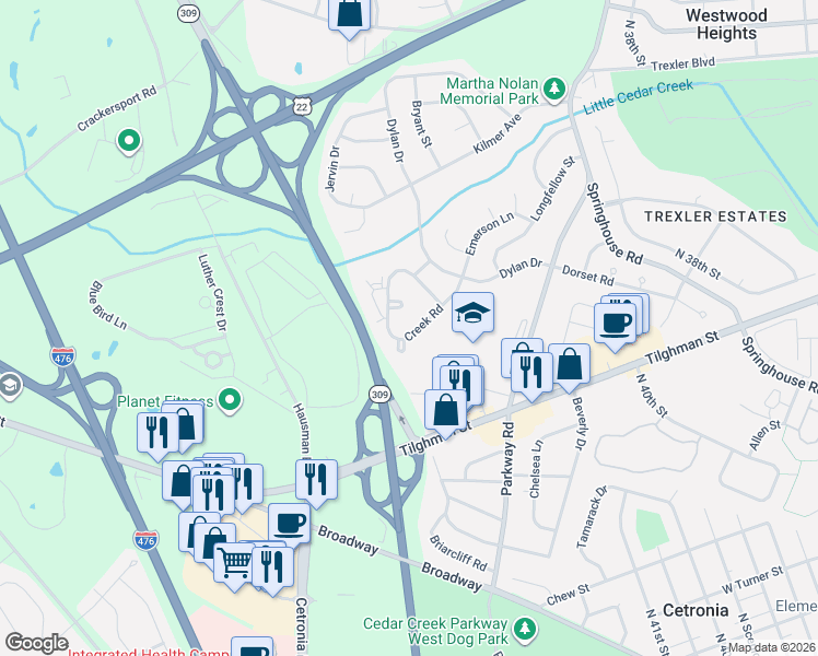 map of restaurants, bars, coffee shops, grocery stores, and more near 4369 Green Tree Lane in Allentown