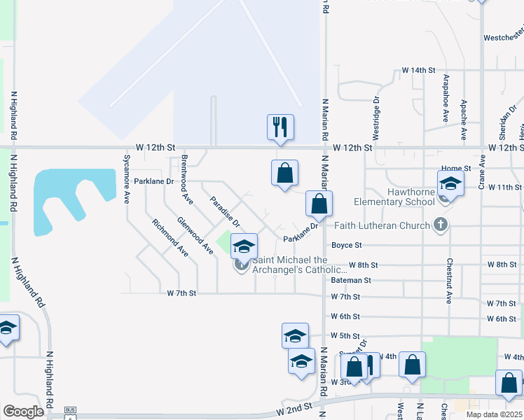 map of restaurants, bars, coffee shops, grocery stores, and more near 3000 Parklane Drive in Hastings