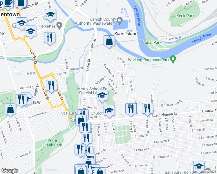 map of restaurants, bars, coffee shops, grocery stores, and more near 734 South Filmore Street in Allentown