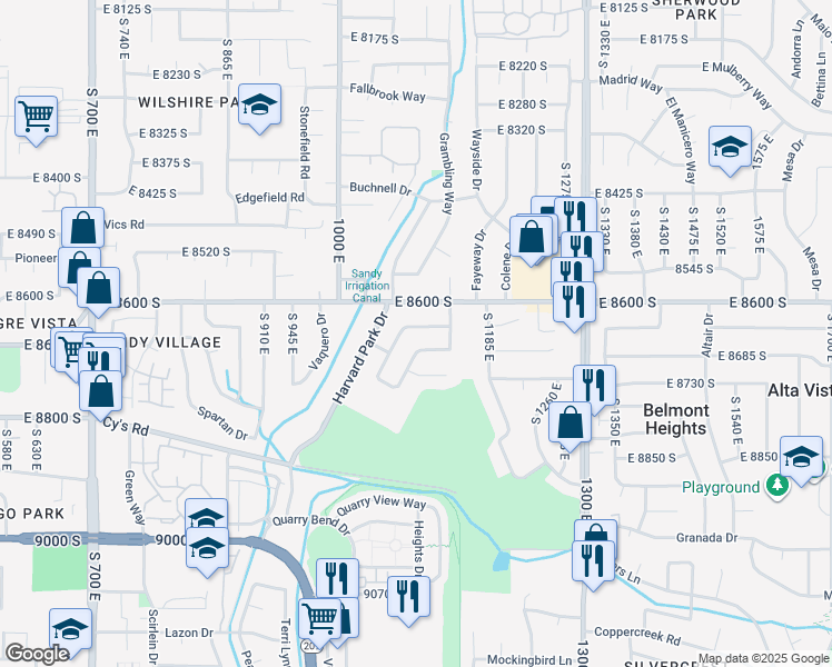 map of restaurants, bars, coffee shops, grocery stores, and more near 1101 Pebble Hills Drive in Sandy