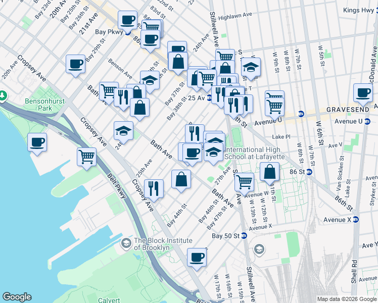 map of restaurants, bars, coffee shops, grocery stores, and more near 143 Bay 41st Street in Brooklyn