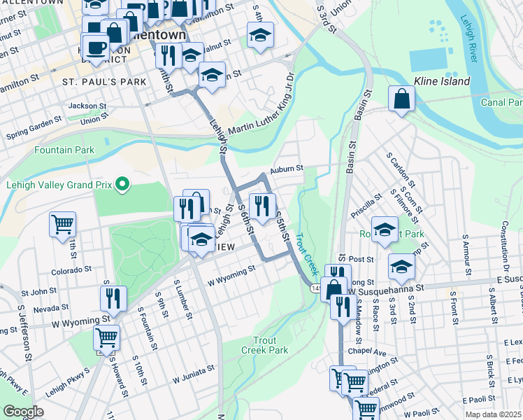 map of restaurants, bars, coffee shops, grocery stores, and more near 521 Cleveland Street in Allentown