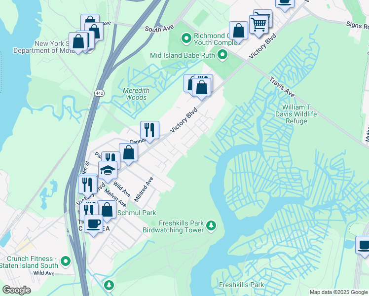 map of restaurants, bars, coffee shops, grocery stores, and more near 145 Ridgeway Avenue in Staten Island