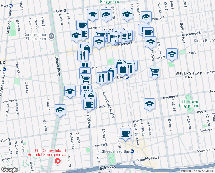 map of restaurants, bars, coffee shops, grocery stores, and more near 1200 Gravesend Neck Road in Brooklyn